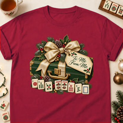 To Me From Me mahjong T-shirt in Cardinal Red, laid flat. [bb c=cardinal-red r=flat]