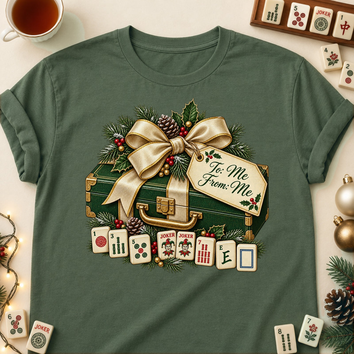 To Me From Me mahjong T-shirt in Military Green, laid flat. [bb c=military-green r=flat]