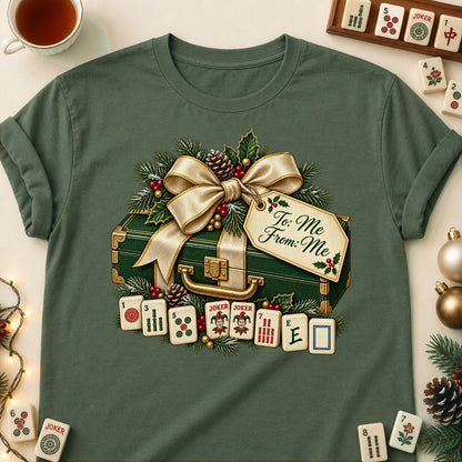 To Me From Me mahjong T-shirt in Military Green, laid flat. [bb c=military-green r=flat]