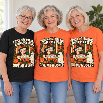 Trick Or Treat mahjong T-shirt worn by three friends. Friends are wearing M, L and XL. [bb c=all r=friends]