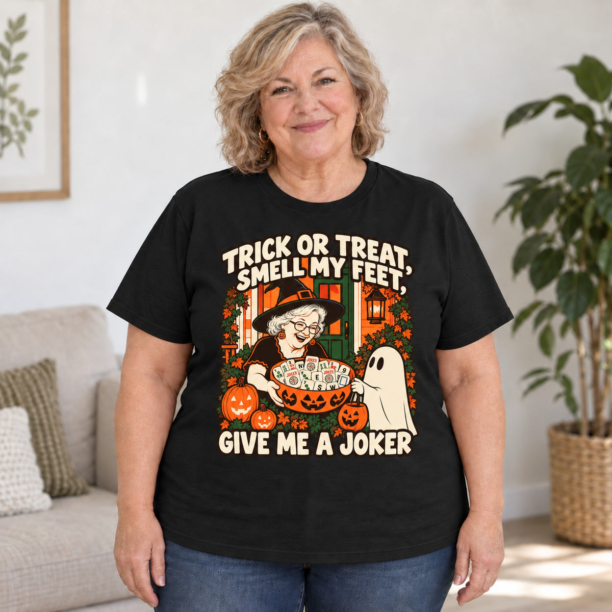 Trick Or Treat mahjong T-shirt in Black, worn by Debra. Debra is 5′4″ and wears her usual size 2XL. [bb c=black r=body2]