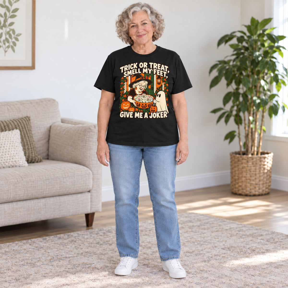 Trick Or Treat mahjong T-shirt in Black, full length, worn by Peggy. Peggy is 5′5″ and wears her usual size L. [bb c=black r=fit]
