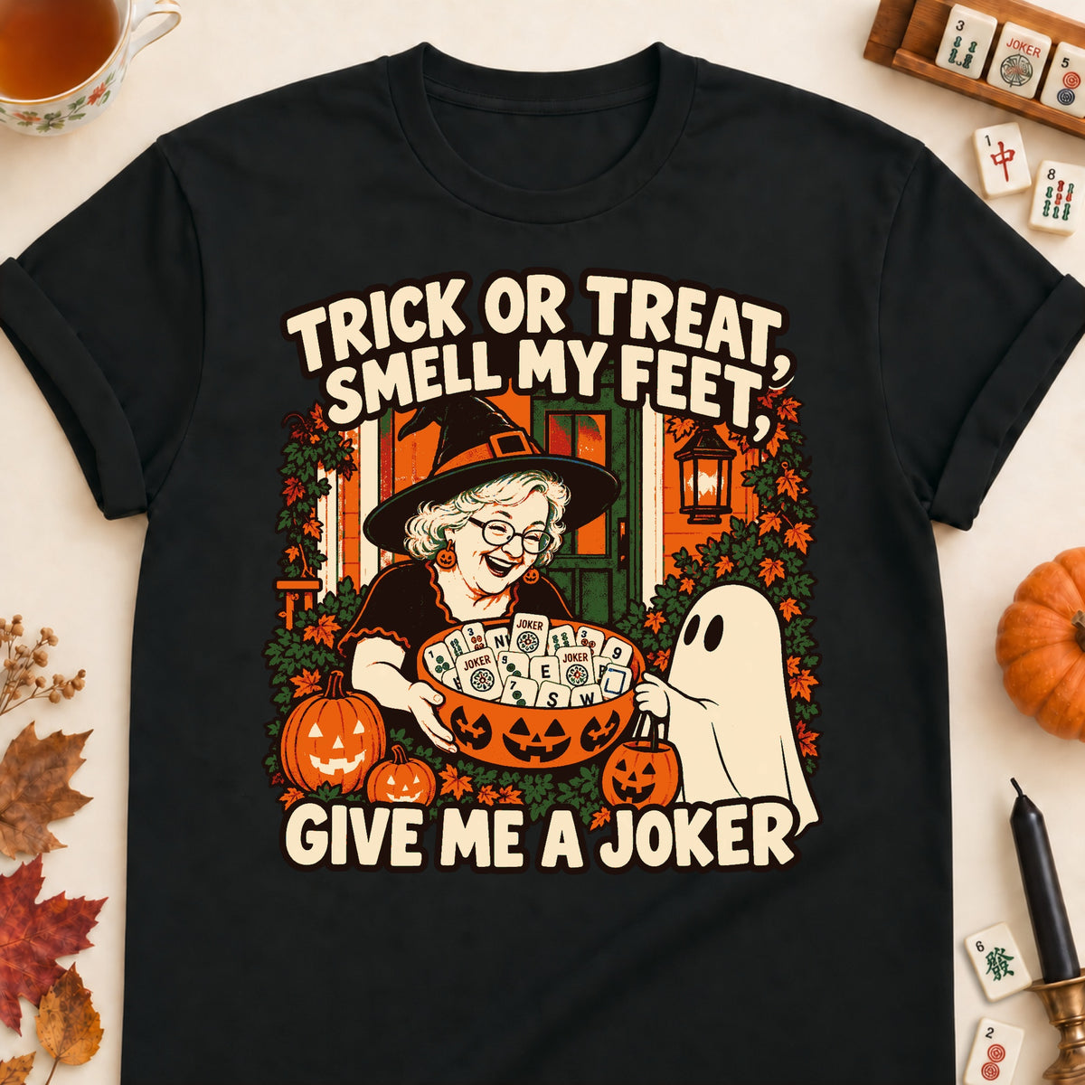 Trick Or Treat mahjong T-shirt in Black, laid flat. [bb c=black r=flat]