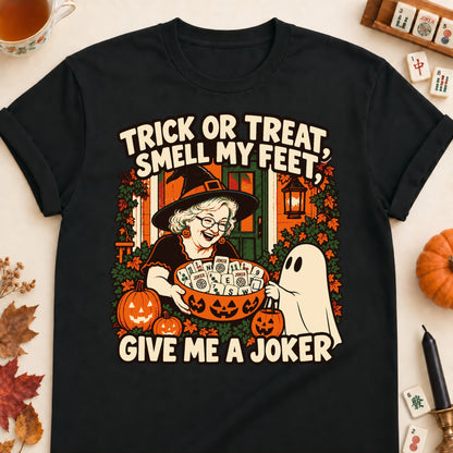 Trick Or Treat mahjong T-shirt in Black, laid flat. [bb c=black r=flat]