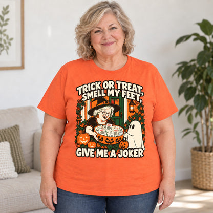 Trick Or Treat mahjong T-shirt in Orange, worn by Debra. Debra is 5′4″ and wears her usual size 2XL. [bb c=orange r=body2]