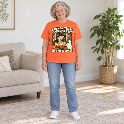 Trick Or Treat mahjong T-shirt in Orange, full length, worn by Peggy. Peggy is 5′5″ and wears her usual size L. [bb c=orange r=fit]