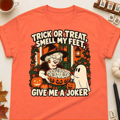 Trick Or Treat mahjong T-shirt in Orange, laid flat. [bb c=orange r=flat]