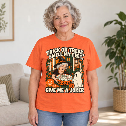 Trick Or Treat mahjong T-shirt in Orange, worn by Peggy. Peggy is 5′5″ and wears her usual size L. [bb c=orange r=hero]
