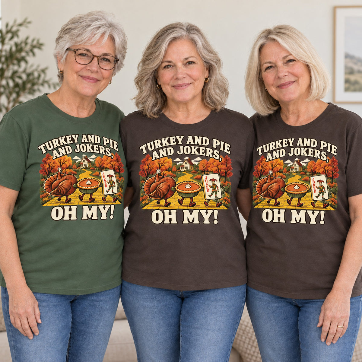 Turkey And Pie And Jokers mahjong T-shirt worn by three friends. Friends are wearing M, L and XL. [bb c=all r=friends]