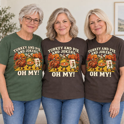 Turkey And Pie And Jokers mahjong T-shirt worn by three friends. Friends are wearing M, L and XL. [bb c=all r=friends]