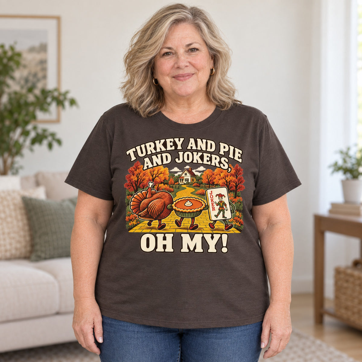 Turkey And Pie And Jokers mahjong T-shirt in Dark Chocolate, worn by Debra. Debra is 5′4″ and wears her usual size 2XL. [bb c=dark-chocolate r=body2]