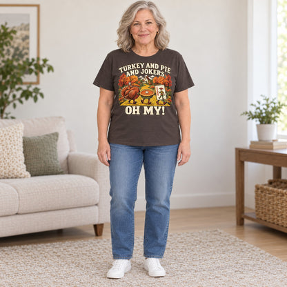 Turkey And Pie And Jokers mahjong T-shirt in Dark Chocolate, full length, worn by Shirley. Shirley is 5′5″ and wears her usual size L. [bb c=dark-chocolate r=fit]