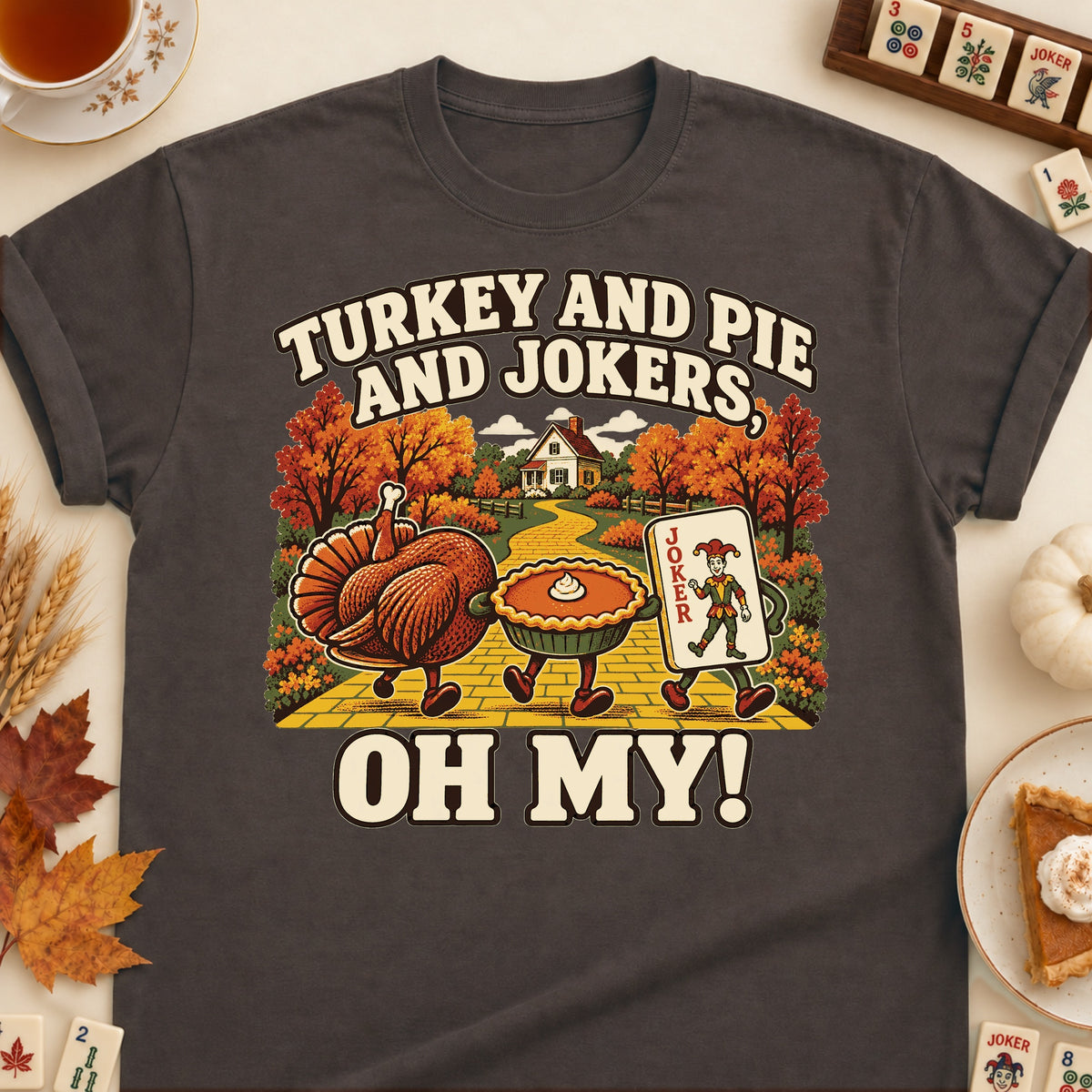 Turkey And Pie And Jokers mahjong T-shirt in Dark Chocolate, laid flat. [bb c=dark-chocolate r=flat]