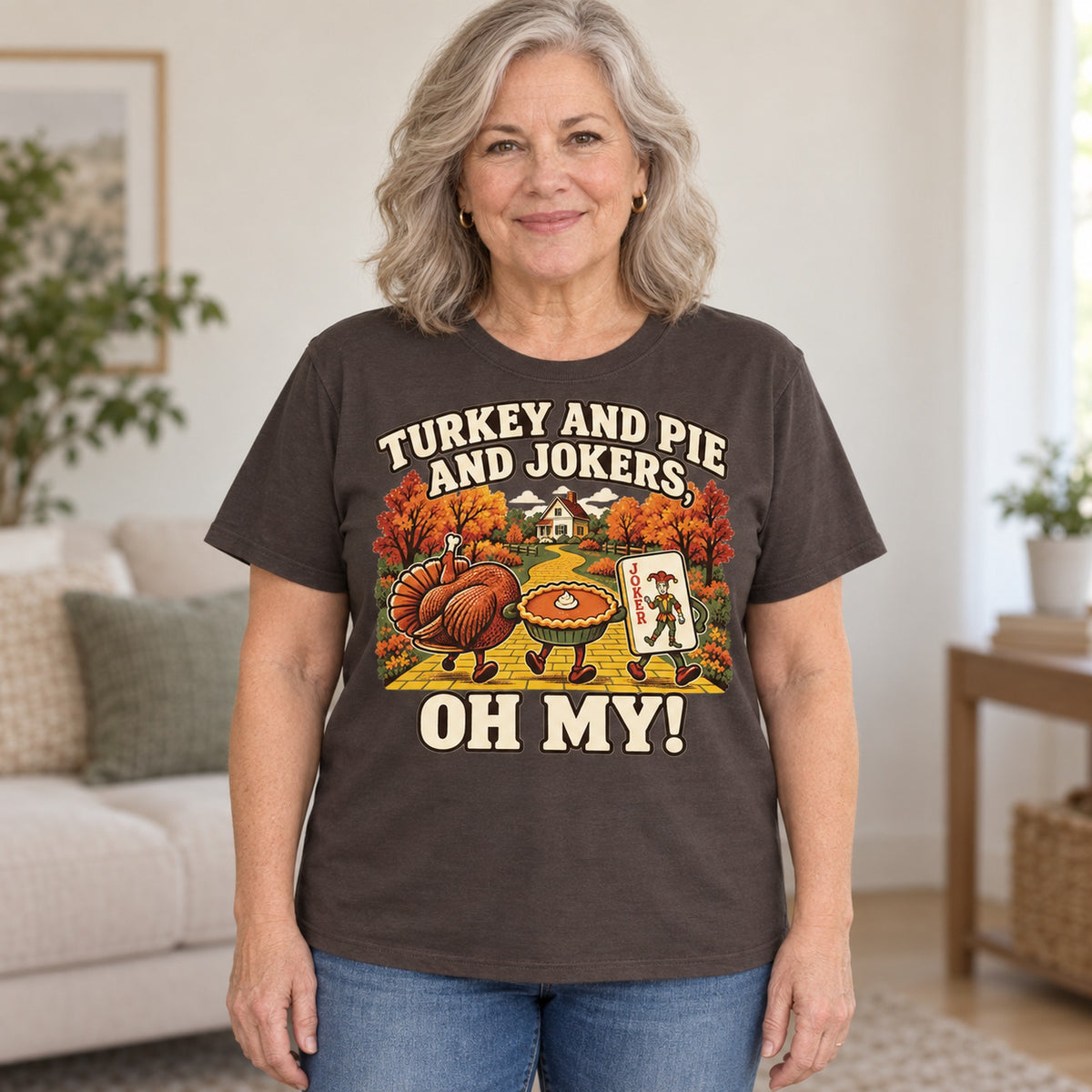 Turkey And Pie And Jokers mahjong T-shirt in Dark Chocolate, worn by Shirley. Shirley is 5′5″ and wears her usual size L. [bb c=dark-chocolate r=hero]