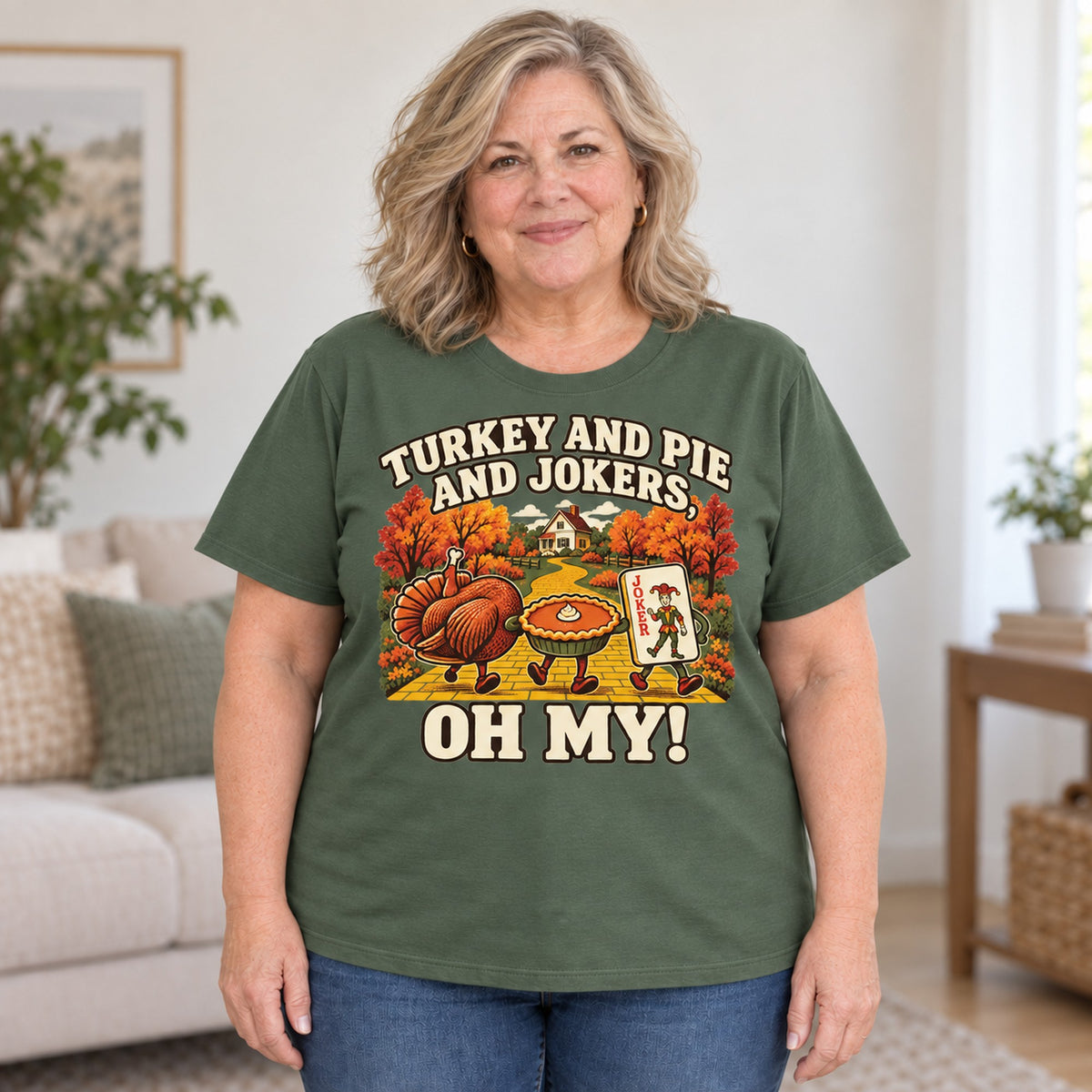 Turkey And Pie And Jokers mahjong T-shirt in Military Green, worn by Debra. Debra is 5′4″ and wears her usual size 2XL. [bb c=military-green r=body2]