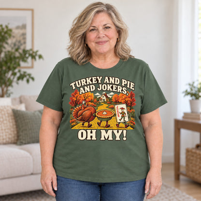 Turkey And Pie And Jokers mahjong T-shirt in Military Green, worn by Debra. Debra is 5′4″ and wears her usual size 2XL. [bb c=military-green r=body2]
