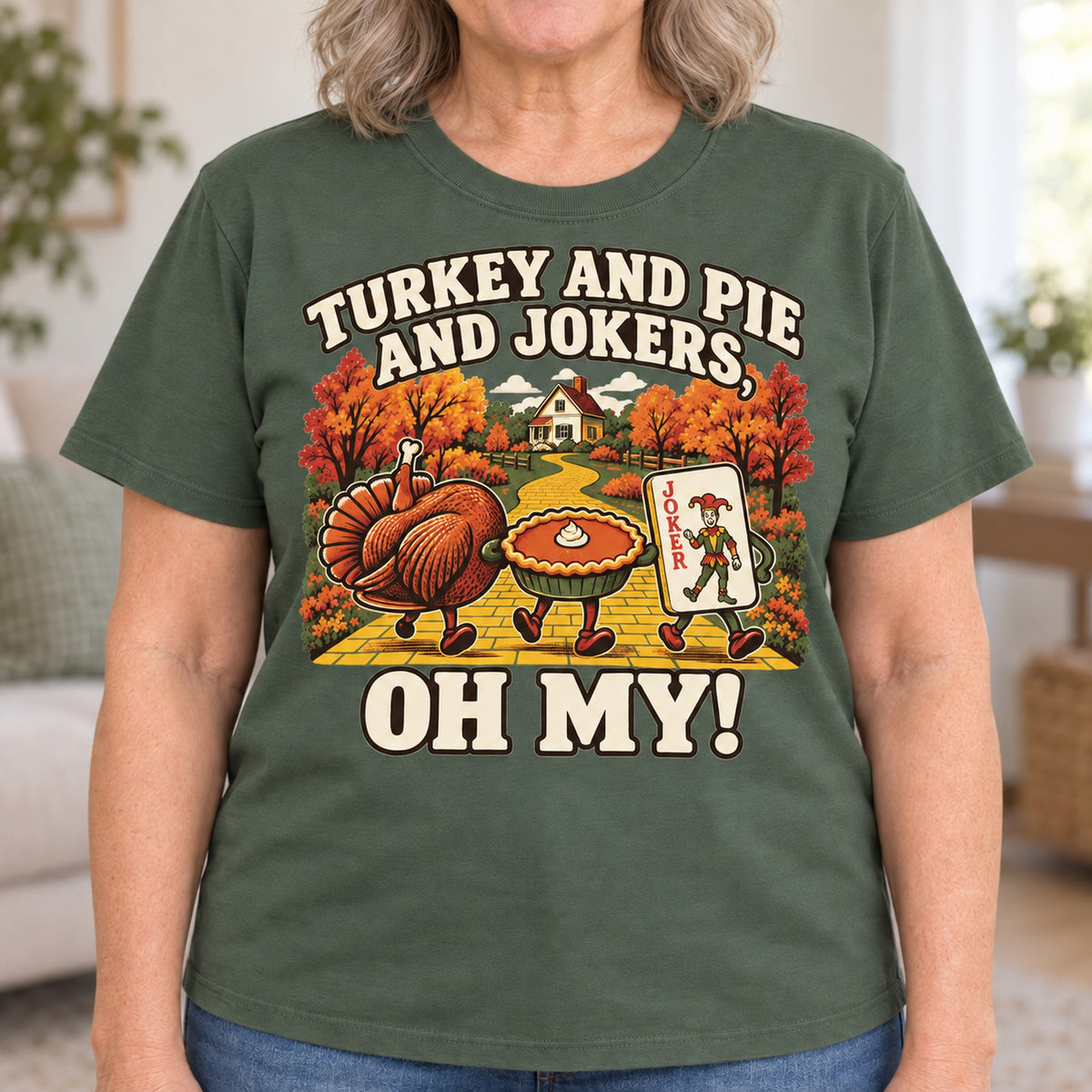 Turkey And Pie And Jokers mahjong T-shirt in Military Green, close-up of the print, worn by Shirley. Shirley is 5′5″ and wears her usual size L. [bb c=military-green r=close]