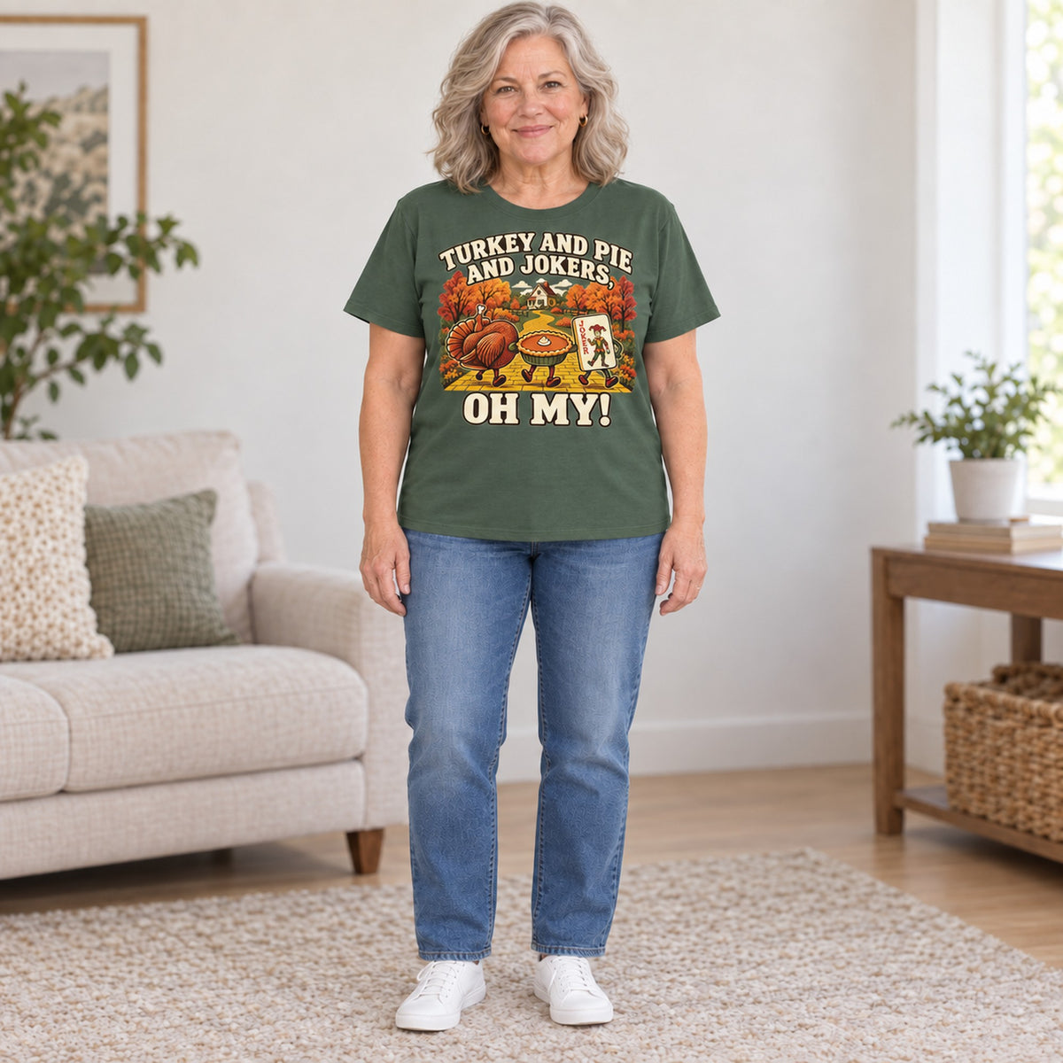 Turkey And Pie And Jokers mahjong T-shirt in Military Green, full length, worn by Shirley. Shirley is 5′5″ and wears her usual size L. [bb c=military-green r=fit]