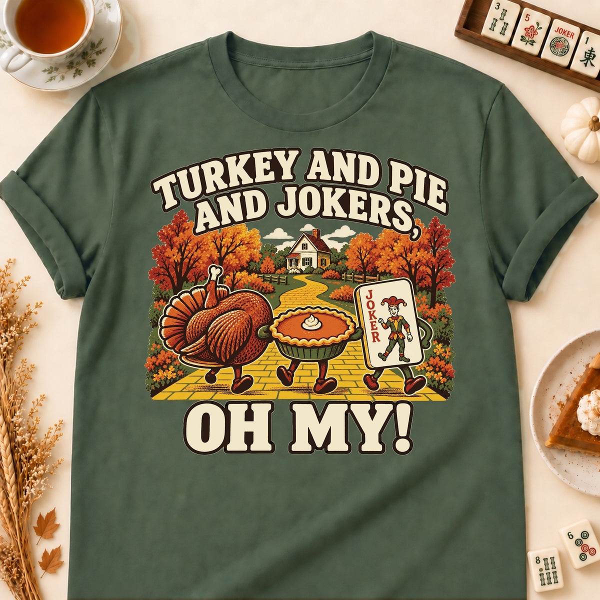Turkey And Pie And Jokers mahjong T-shirt in Military Green, laid flat. [bb c=military-green r=flat]