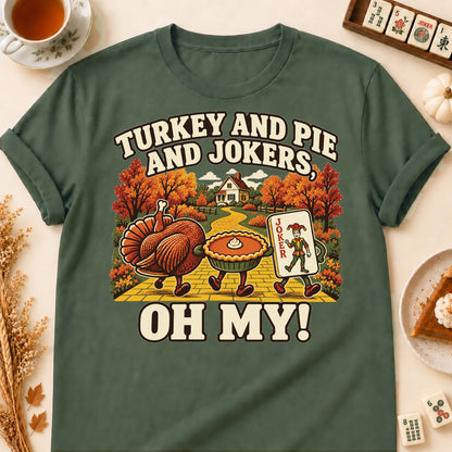 Turkey And Pie And Jokers mahjong T-shirt in Military Green, laid flat. [bb c=military-green r=flat]