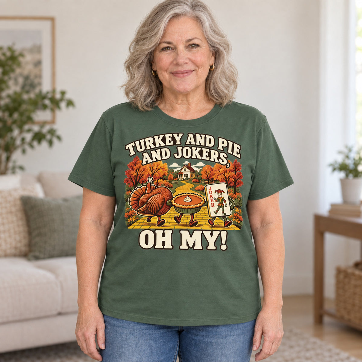 Turkey And Pie And Jokers mahjong T-shirt in Military Green, worn by Shirley. Shirley is 5′5″ and wears her usual size L. [bb c=military-green r=hero]