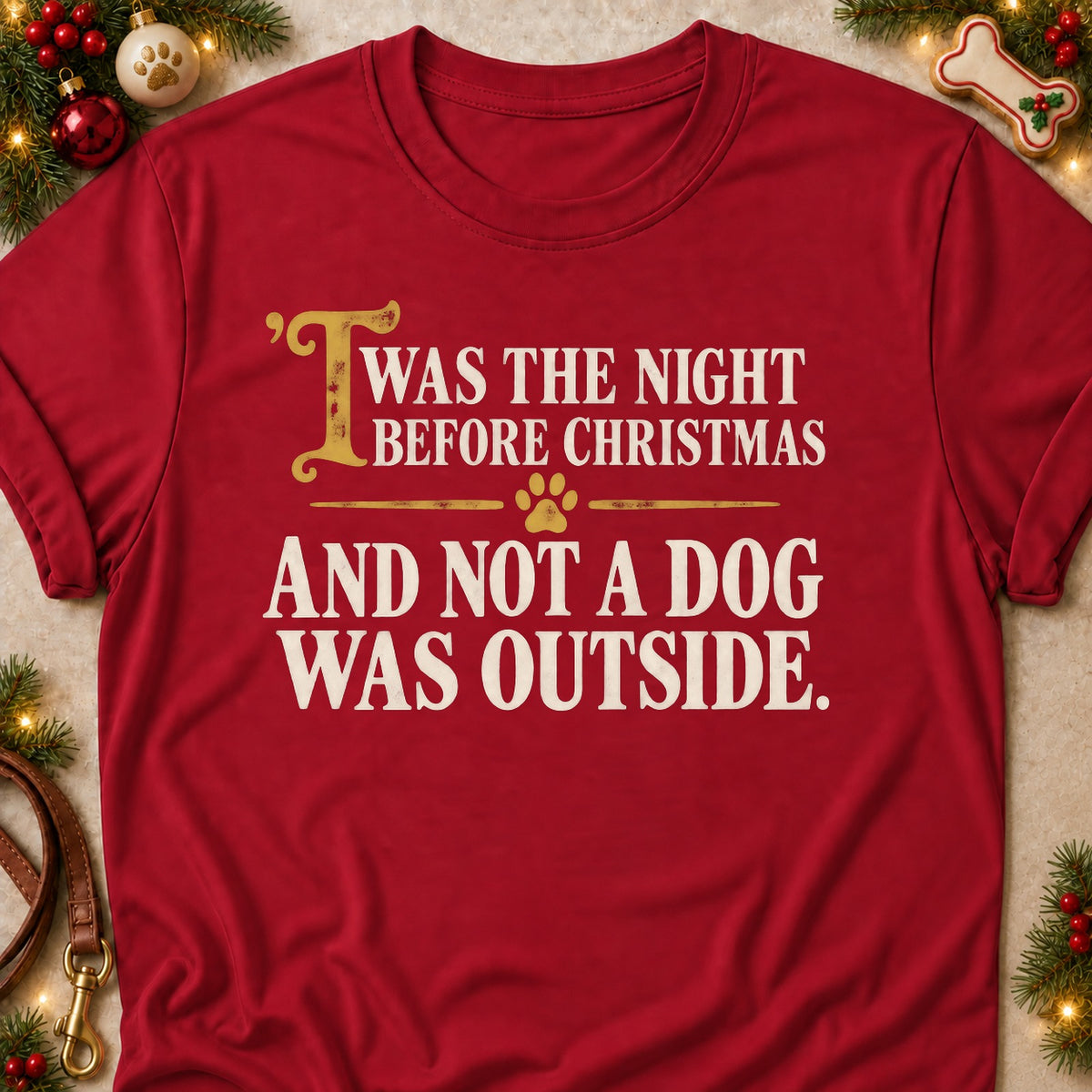 Not A Dog Was Outside dog mom T-shirt in Cardinal Red, laid flat. [bb c=cardinal-red r=flat]