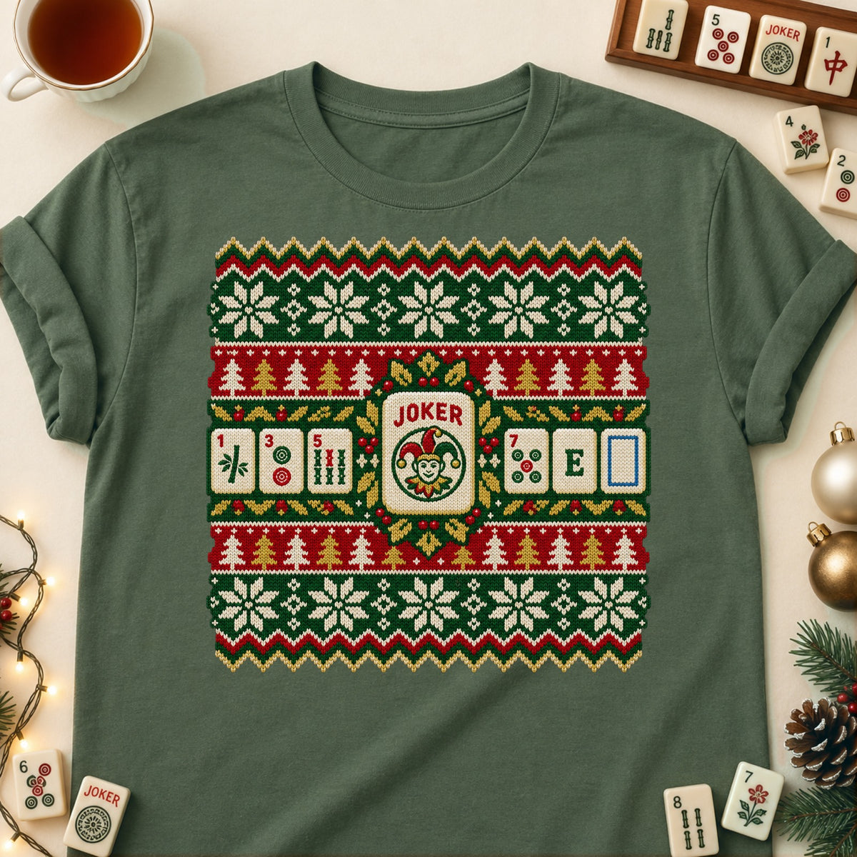 Mahjong Christmas sweater T-shirt in Military Green, laid flat. [bb c=military-green r=flat]