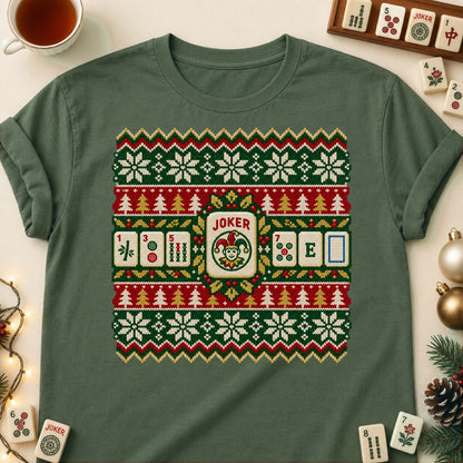 Mahjong Christmas sweater T-shirt in Military Green, laid flat. [bb c=military-green r=flat]