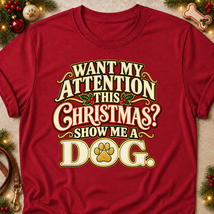 Show Me A Dog dog mom T-shirt in Cardinal Red, laid flat. [bb c=cardinal-red r=flat]