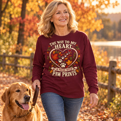 Way To My Heart Paw Prints Fall Colored Print Long Sleeves in Maroon — generated model photo