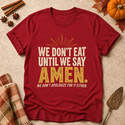 Until We Say Amen faith T-shirt in Cardinal Red, laid flat. [bb c=cardinal-red r=flat]