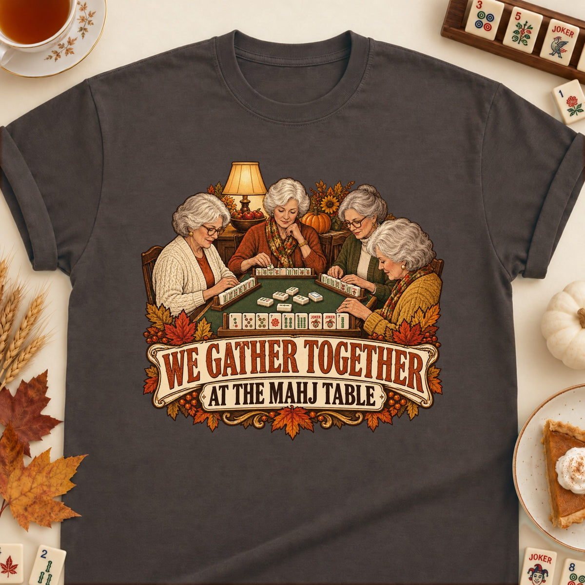 We Gather Together mahjong T-shirt in Dark Chocolate, laid flat. [bb c=dark-chocolate r=flat]