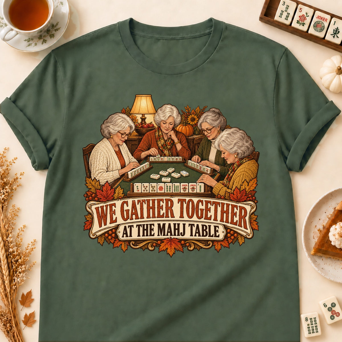 We Gather Together mahjong T-shirt in Military Green, laid flat. [bb c=military-green r=flat]