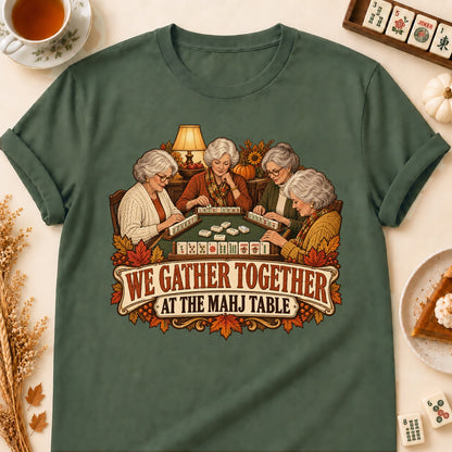 We Gather Together mahjong T-shirt in Military Green, laid flat. [bb c=military-green r=flat]