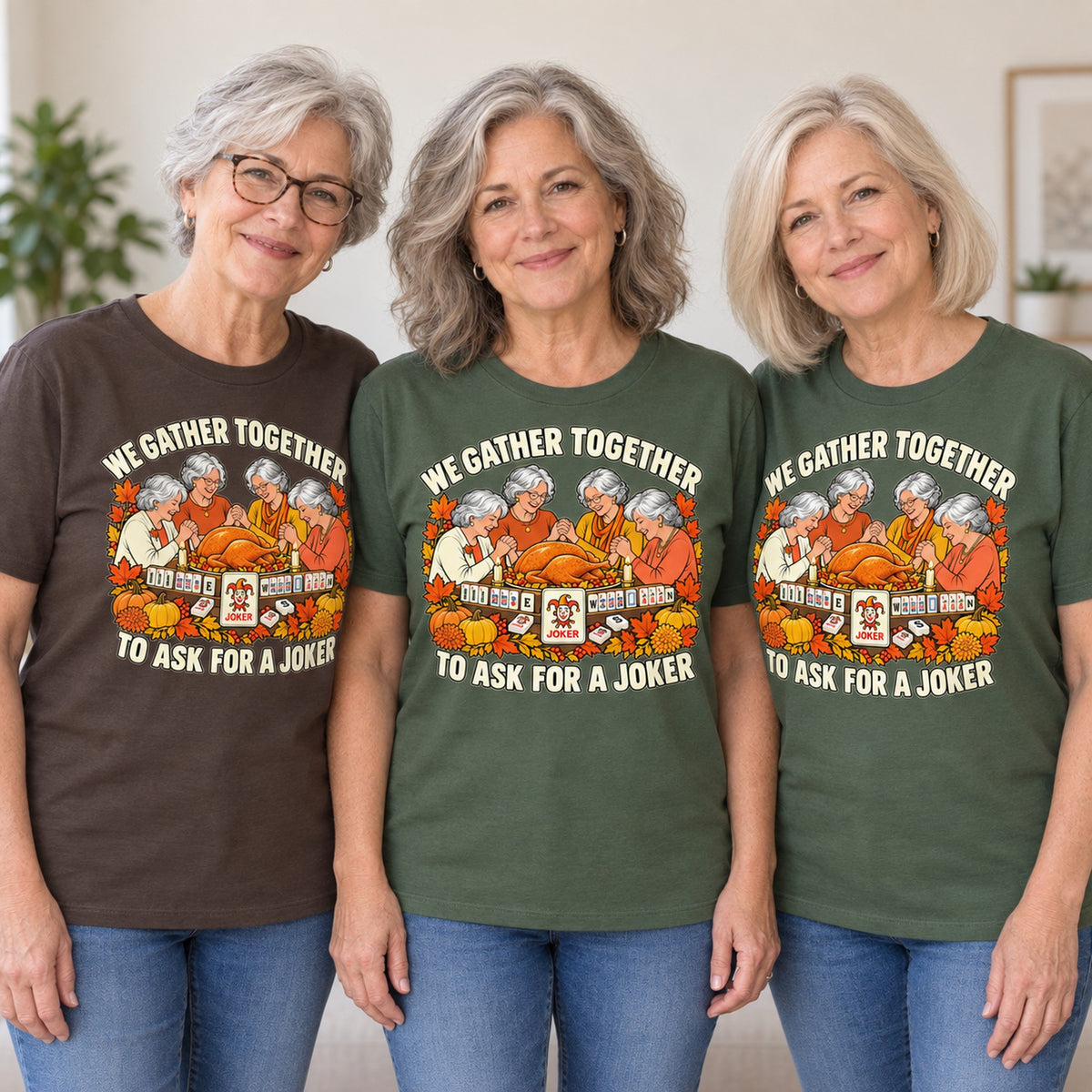 We Gather Together mahjong T-shirt worn by three friends. Friends are wearing M, L and XL. [bb c=all r=friends]
