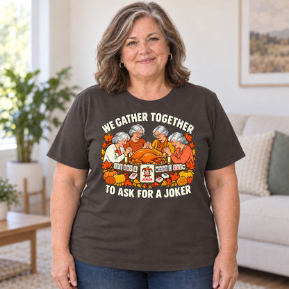 We Gather Together mahjong T-shirt in Dark Chocolate, worn by Debra. Debra is 5′4″ and wears her usual size 2XL. [bb c=dark-chocolate r=body2]