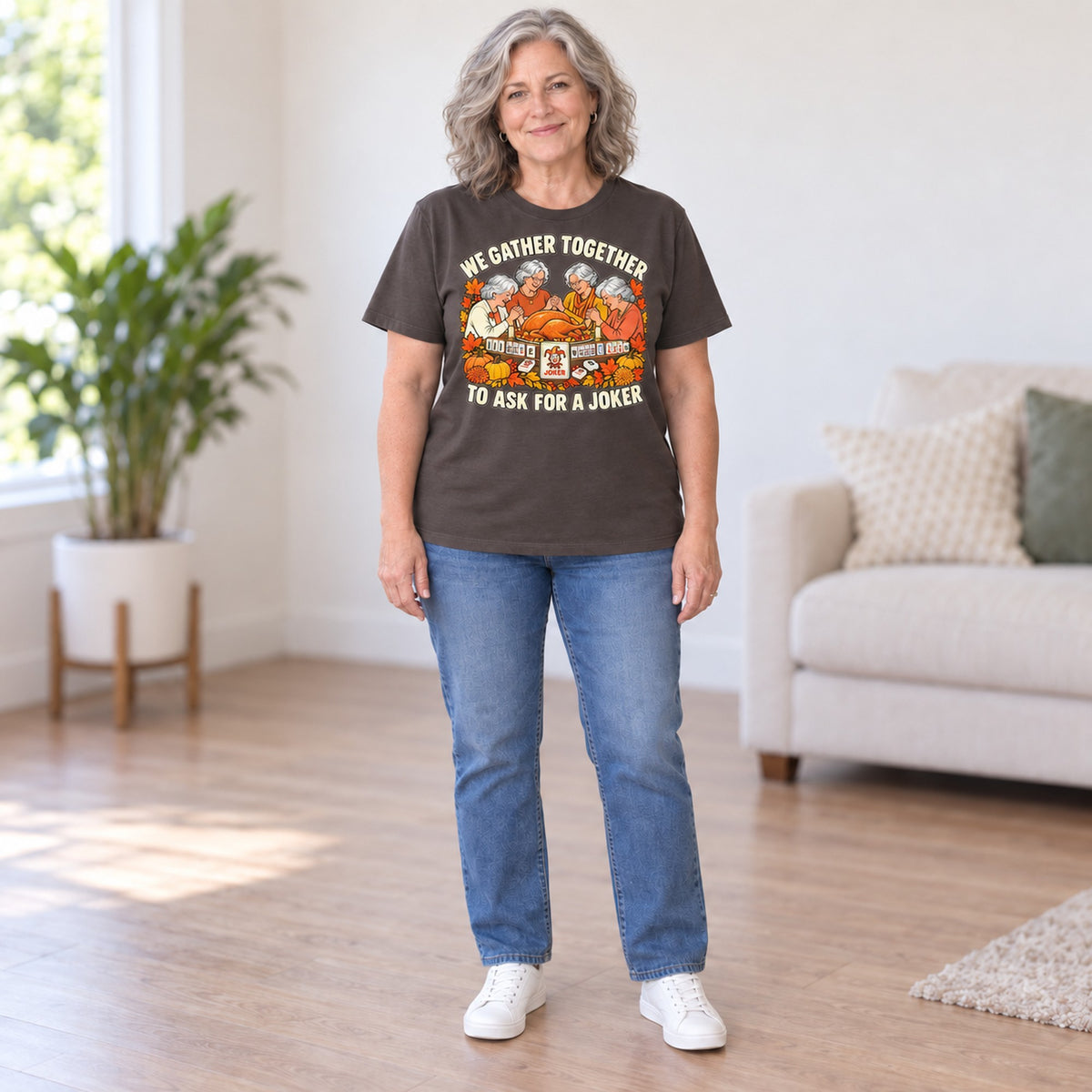 We Gather Together mahjong T-shirt in Dark Chocolate, full length, worn by Patricia. Patricia is 5′5″ and wears her usual size L. [bb c=dark-chocolate r=fit]