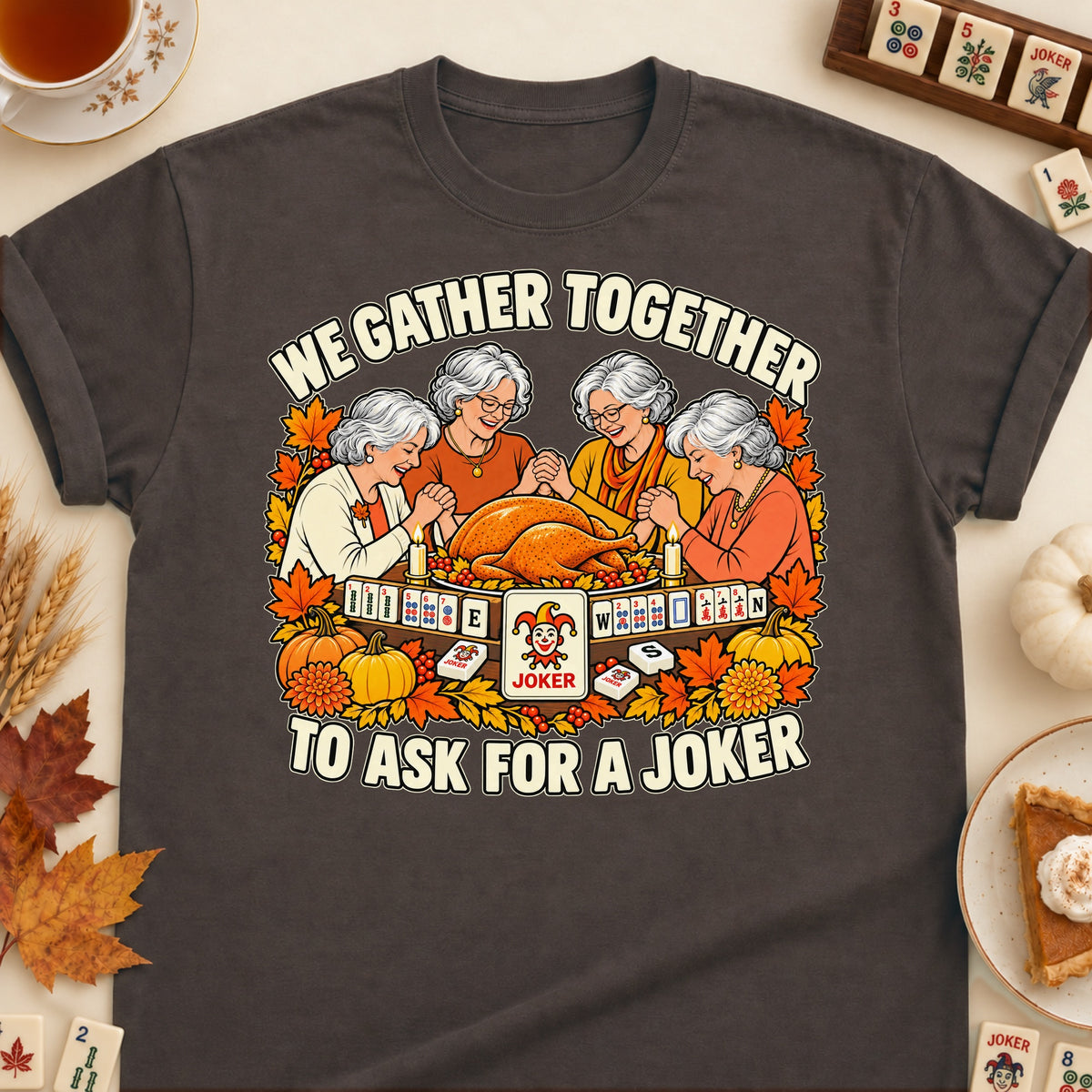 We Gather Together mahjong T-shirt in Dark Chocolate, laid flat. [bb c=dark-chocolate r=flat]