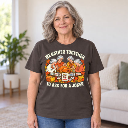 We Gather Together mahjong T-shirt in Dark Chocolate, worn by Patricia. Patricia is 5′5″ and wears her usual size L. [bb c=dark-chocolate r=hero]
