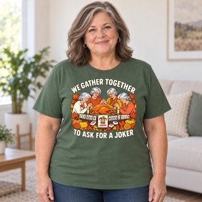 We Gather Together mahjong T-shirt in Military Green, worn by Debra. Debra is 5′4″ and wears her usual size 2XL. [bb c=military-green r=body2]