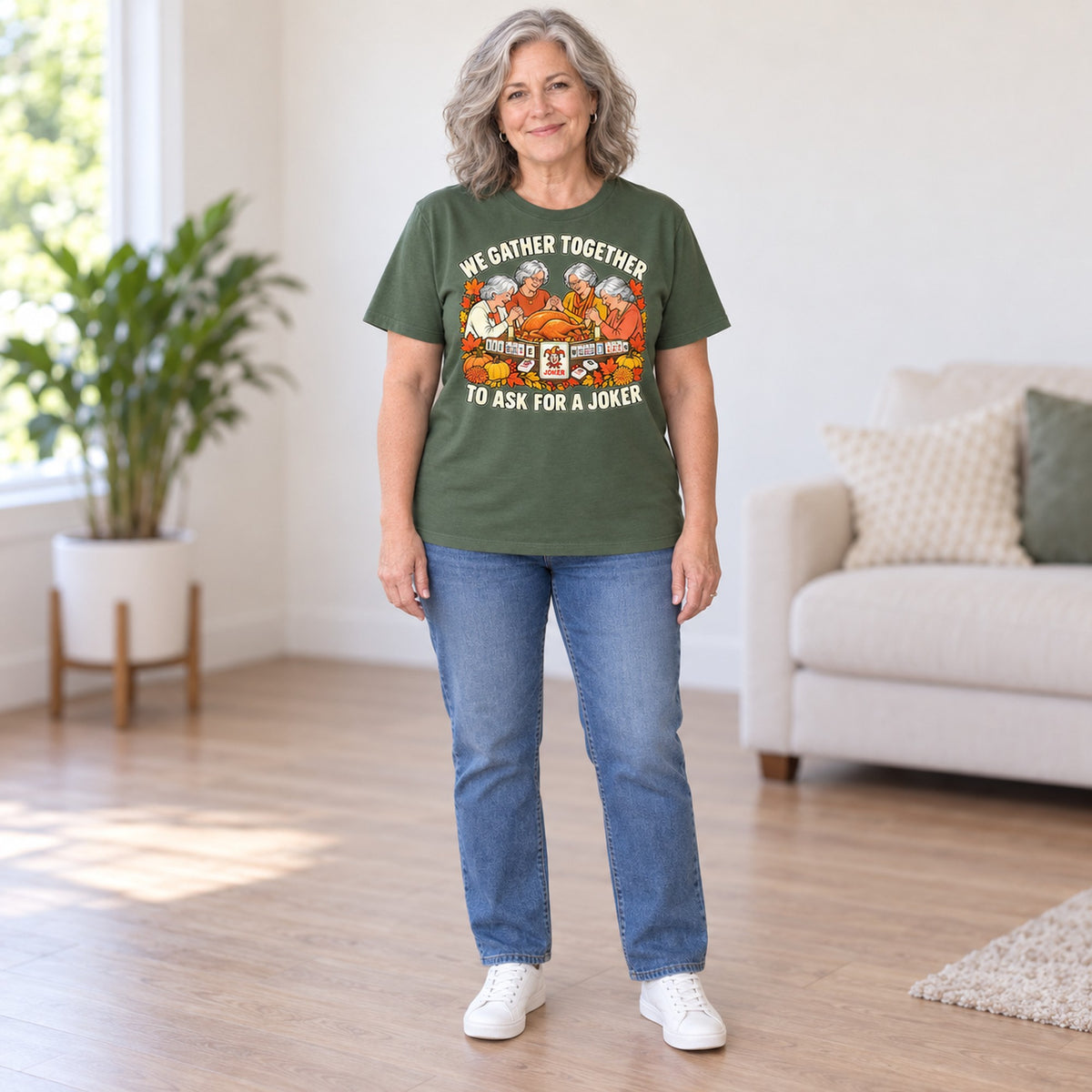 We Gather Together mahjong T-shirt in Military Green, full length, worn by Patricia. Patricia is 5′5″ and wears her usual size L. [bb c=military-green r=fit]