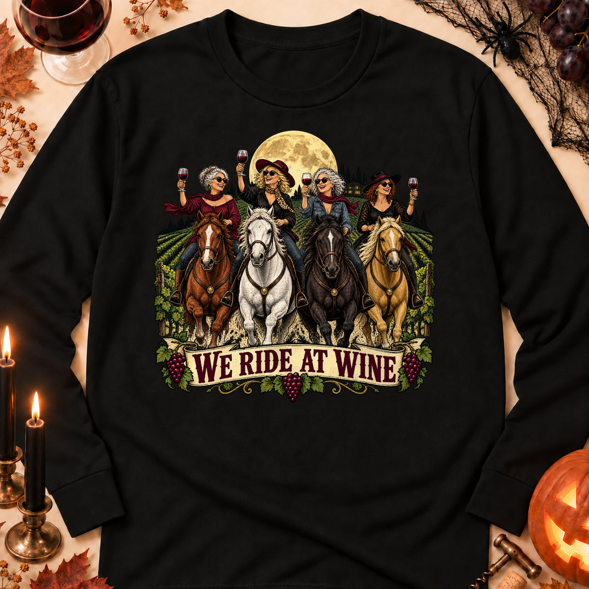 We Ride At Wine Colored Print Long Sleeves in Black — flat lay