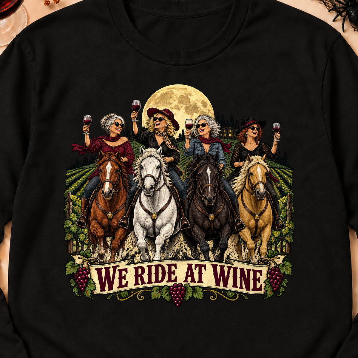 We Ride At Wine Colored Print Long Sleeves in Black — design detail