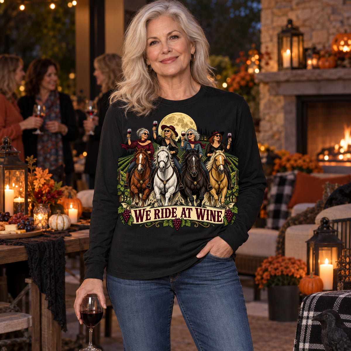 We Ride At Wine Colored Print Long Sleeves in Black — modeled lifestyle