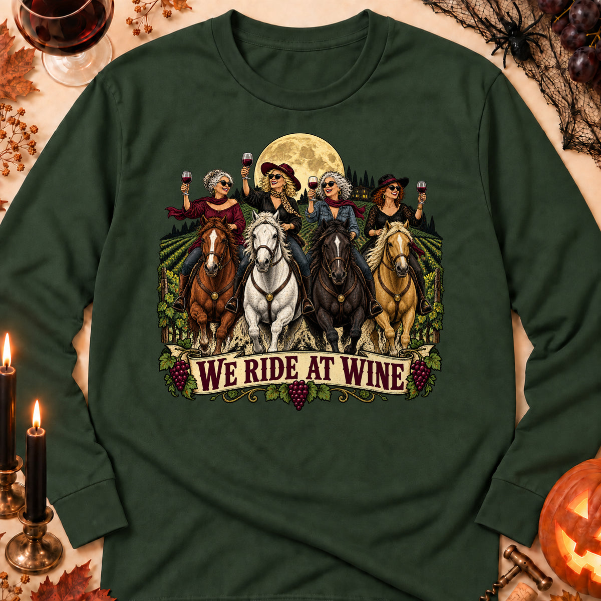 We Ride At Wine Colored Print Long Sleeves in Forest Green — flat lay