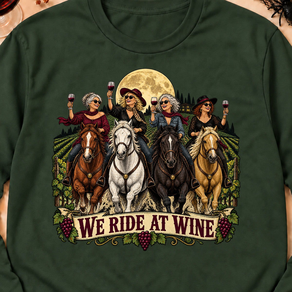We Ride At Wine Colored Print Long Sleeves in Forest Green — design detail