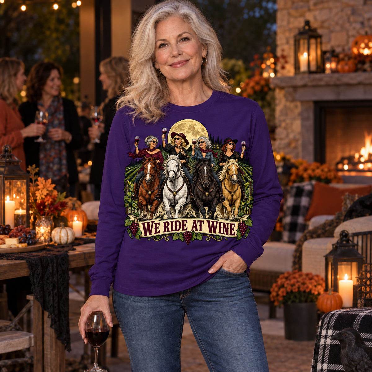 We Ride At Wine Colored Print Long Sleeves in Purple — modeled lifestyle