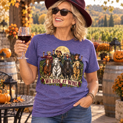 We Ride At Wine Colored Print T-Shirt in Heather Purple — generated model photo