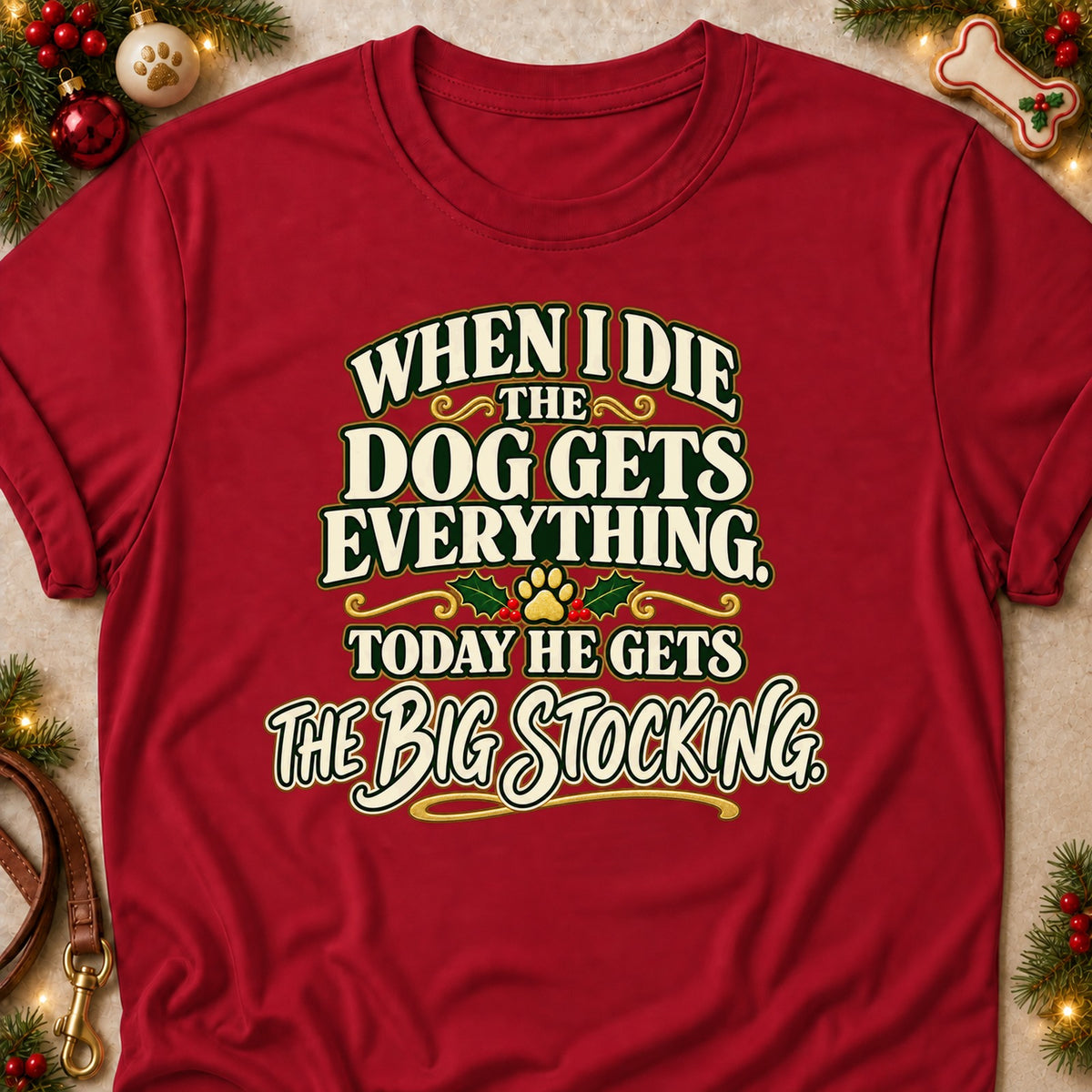 The Dog Gets Everything dog mom T-shirt in Cardinal Red, laid flat. [bb c=cardinal-red r=flat]