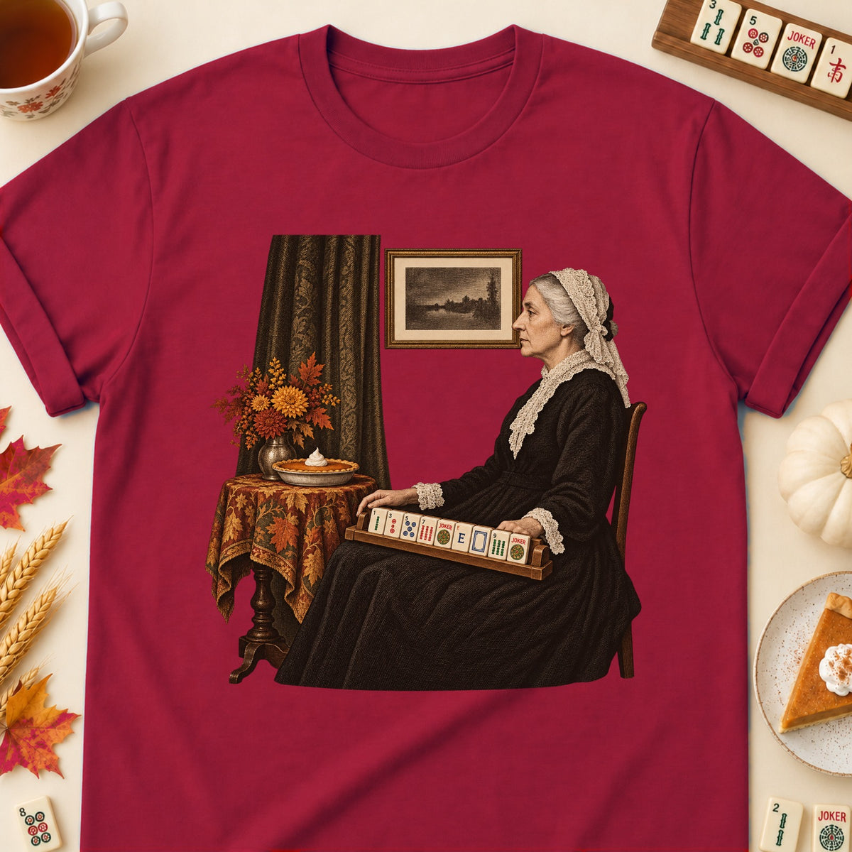 Whistler's Mother mahjong T-shirt in Cardinal Red, laid flat. [bb c=cardinal-red r=flat]